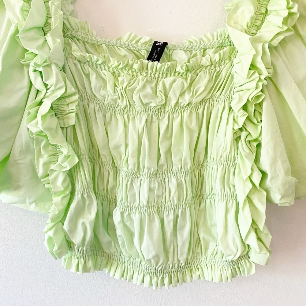 ZARA Lime Green Voluminous Poplin Ruched Crop Top - Picture 7 of 12